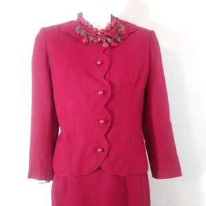 Vintage 50s 60s Pinup cherry red wool Jackie O ladies 2 piece Jacket skirt Set